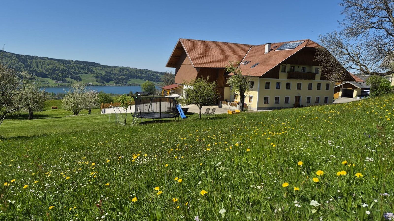 Der Bauernhof mit großer Wiese, Trampolin und Rutsche bietet einen Blick auf den See und die Berge.