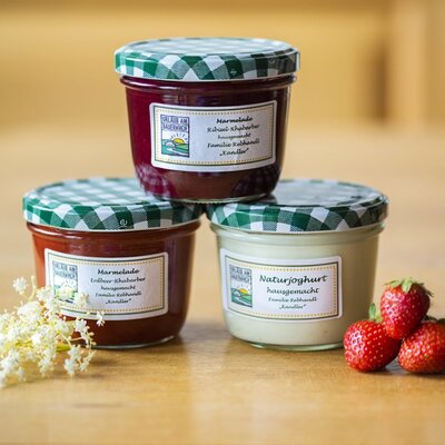 Hausgemachte Ribisel-Rhabarber- und Erdbeer-Rhabarber-Marmeladen sowie Naturjoghurt vom Bauernhof.