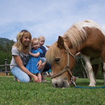 Eine Frau mit zwei Kindern und einem grasenden Pferd auf der Wiese des Bauernhofs.