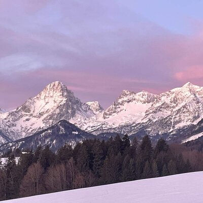 Blick auf schneebedeckte Berge und Wälder bei Sonnenuntergang vom Bauernhof aus.