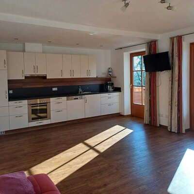 Voll ausgestattete Küche in der Ferienwohnung des Bauernhofs mit Backofen, Geschirrspüler, Fernseher und Balkonzugang.