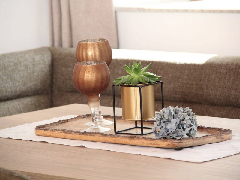 Dekoration auf dem Couchtisch im Wohnzimmer der Ferienwohnung auf dem Bauernhof mit einer Pflanze und Gläsern.
