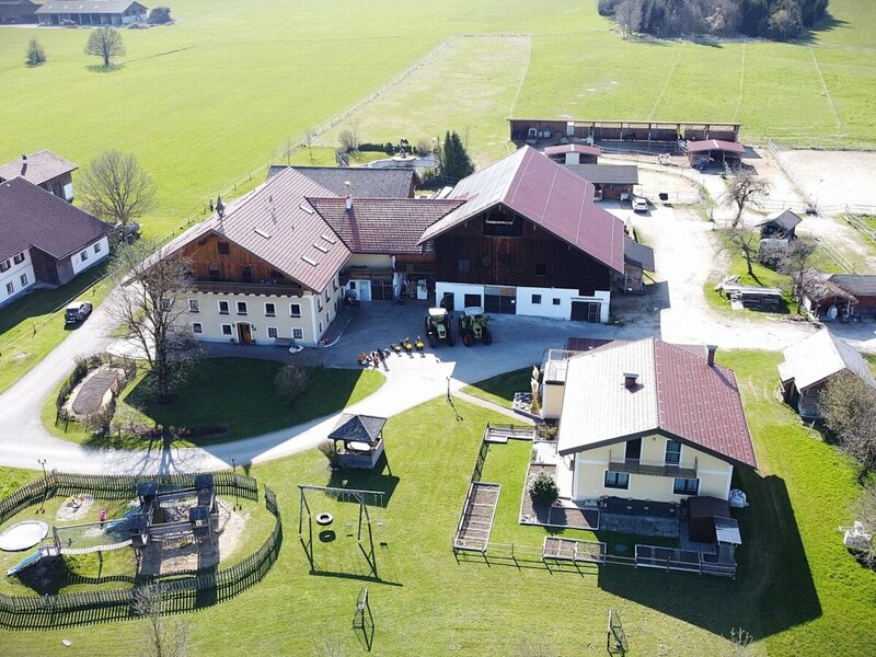 Luftaufnahme des Bauernhofs mit mehreren Gebäuden, einem Kinderspielplatz und einem Reitplatz, umgeben von grünen Feldern.
