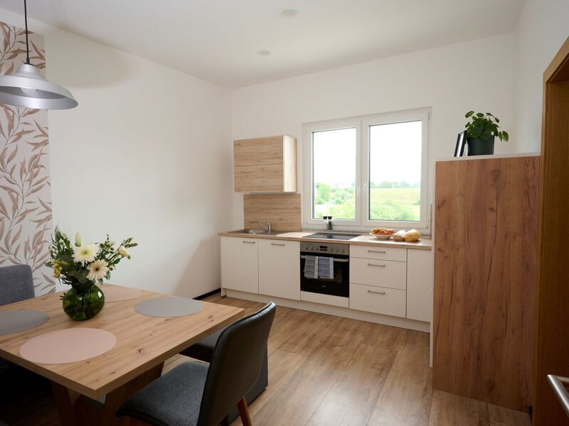 Moderne Küche der Ferienwohnung mit Essbereich, Backofen, Herd und Blick ins Grüne.