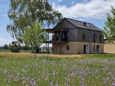 Das moderne Ferienhaus mit Balkon, umgeben von einer Blumenwiese und einem großen Baum. | © Urlaub am Bauernhof Oberösterreich / Zauner