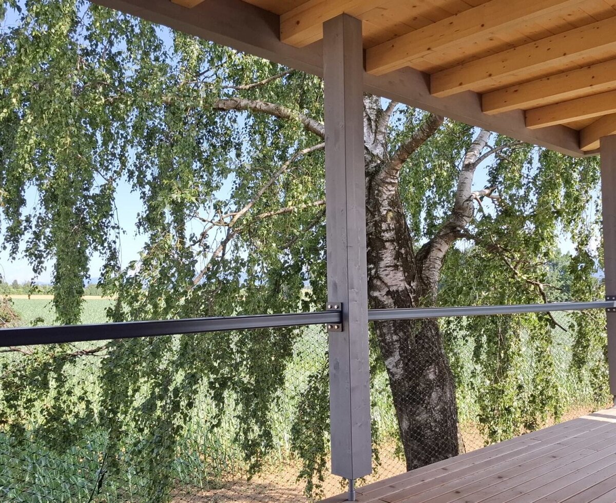Balkon des Ferienhauses mit Holzboden und Blick auf eine Birke und Felder.