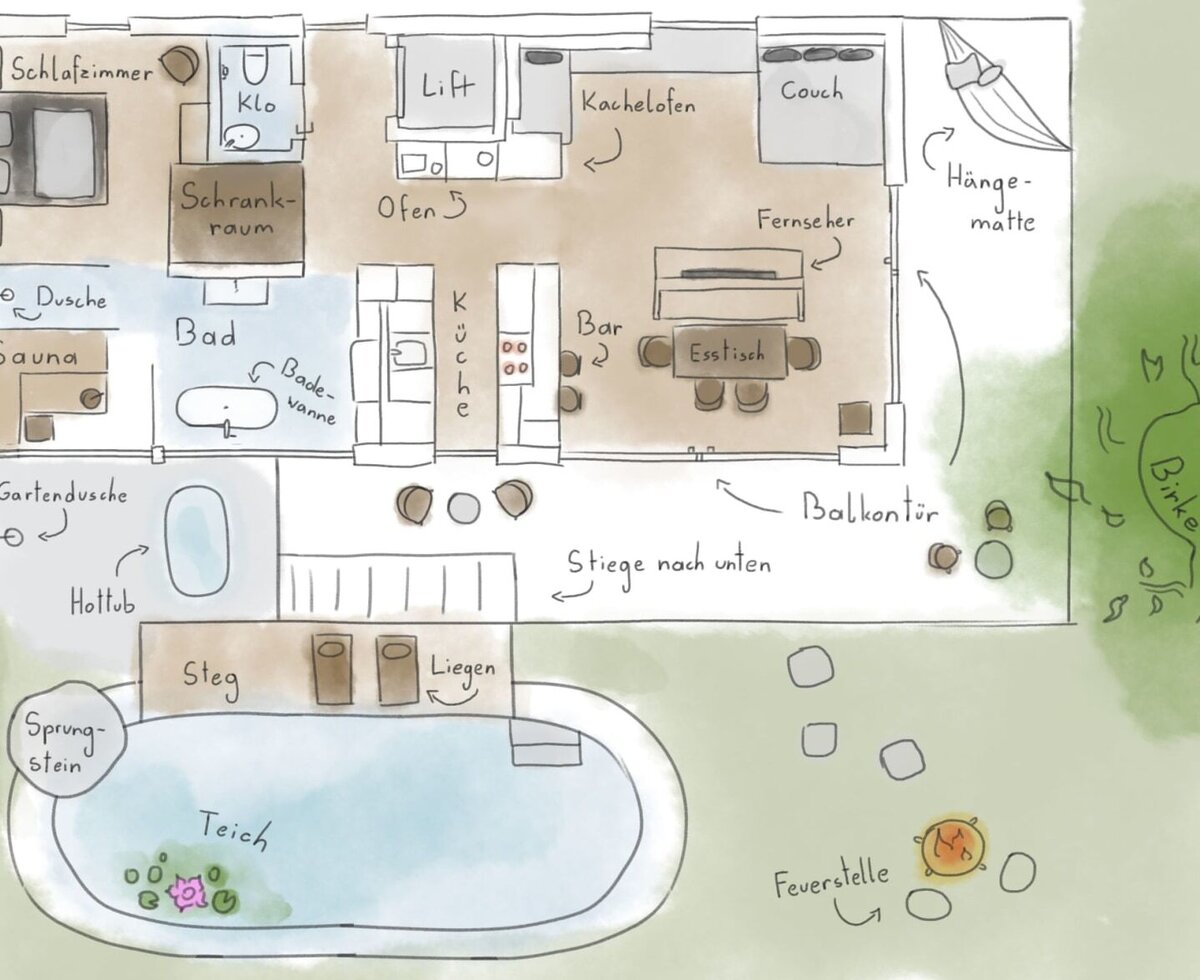 Eine übersichtliche und liebevoll gestaltete Grundriss-Skizze des modernen Ferienhauses mit Wohnbereich, Wellnessoase und Außenbereich samt Naturbadeteich.