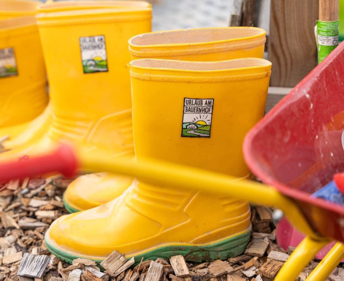 Farbenfrohe Gummistiefel und eine Spielzeugschubkarre für kleine Entdecker auf dem Bauernhof.