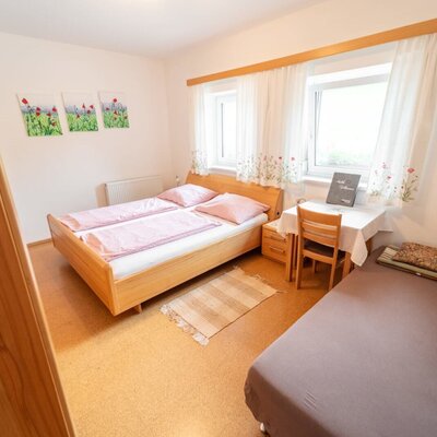 Ein gemütliches Zimmer im Bauernhof mit einem Doppelbett, einem Zusatzbett und einer einladenden Sitzecke.