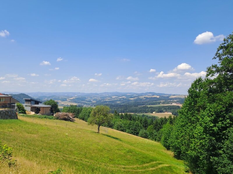 Die Riederegger-Alm mit weitem Panoramablick über die sanften, grünen Hügel und Wälder des Mühlviertels unter blauem Himmel.