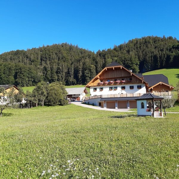 Der Bauernhof mit blumengeschmückten Balkonen, umgeben von grünen Wiesen und einem Wald, sowie einer kleinen Kapelle.