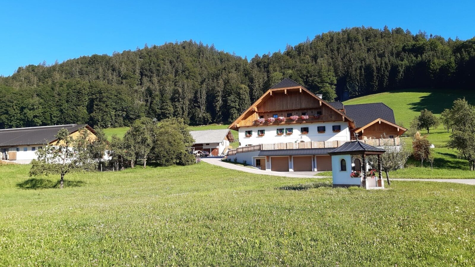 Der Bauernhof mit blumengeschmückten Balkonen, umgeben von grünen Wiesen und einem Wald, sowie einer kleinen Kapelle.