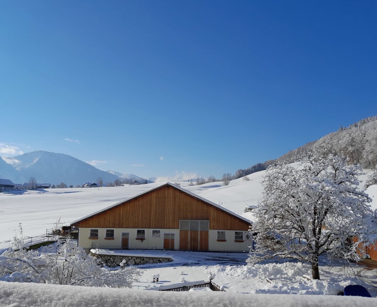 Der Bauernhof in einer verschneiten Winterlandschaft mit Bergen und blauem Himmel.