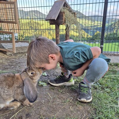 Tierkontakt für Kinder mit einem Kaninchen auf dem Bauernhof.