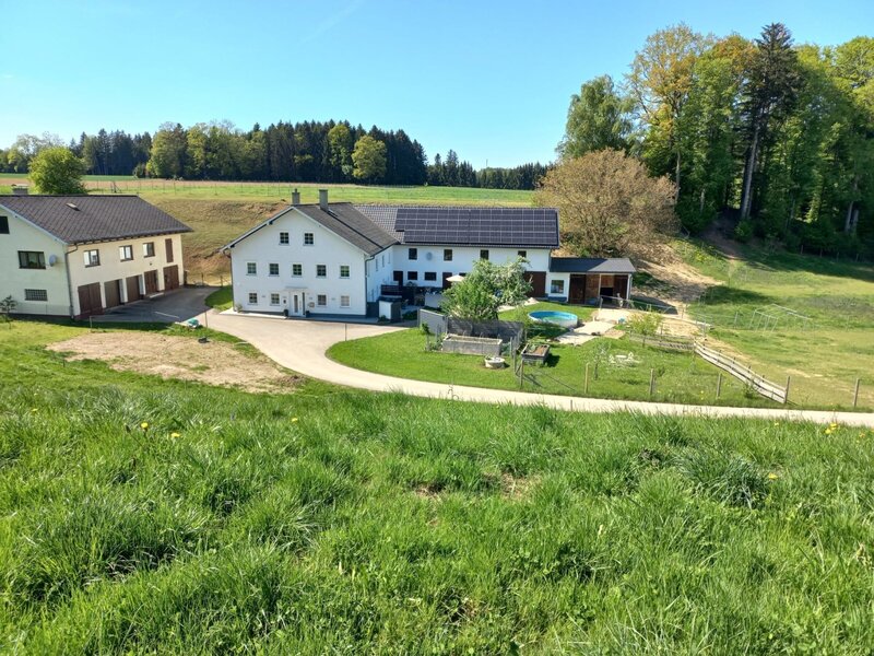 Außenansicht des Bed and Breakfast mit Zufahrt, Rasenfläche, kleinem Pool und umgebenden Feldern und Wald.