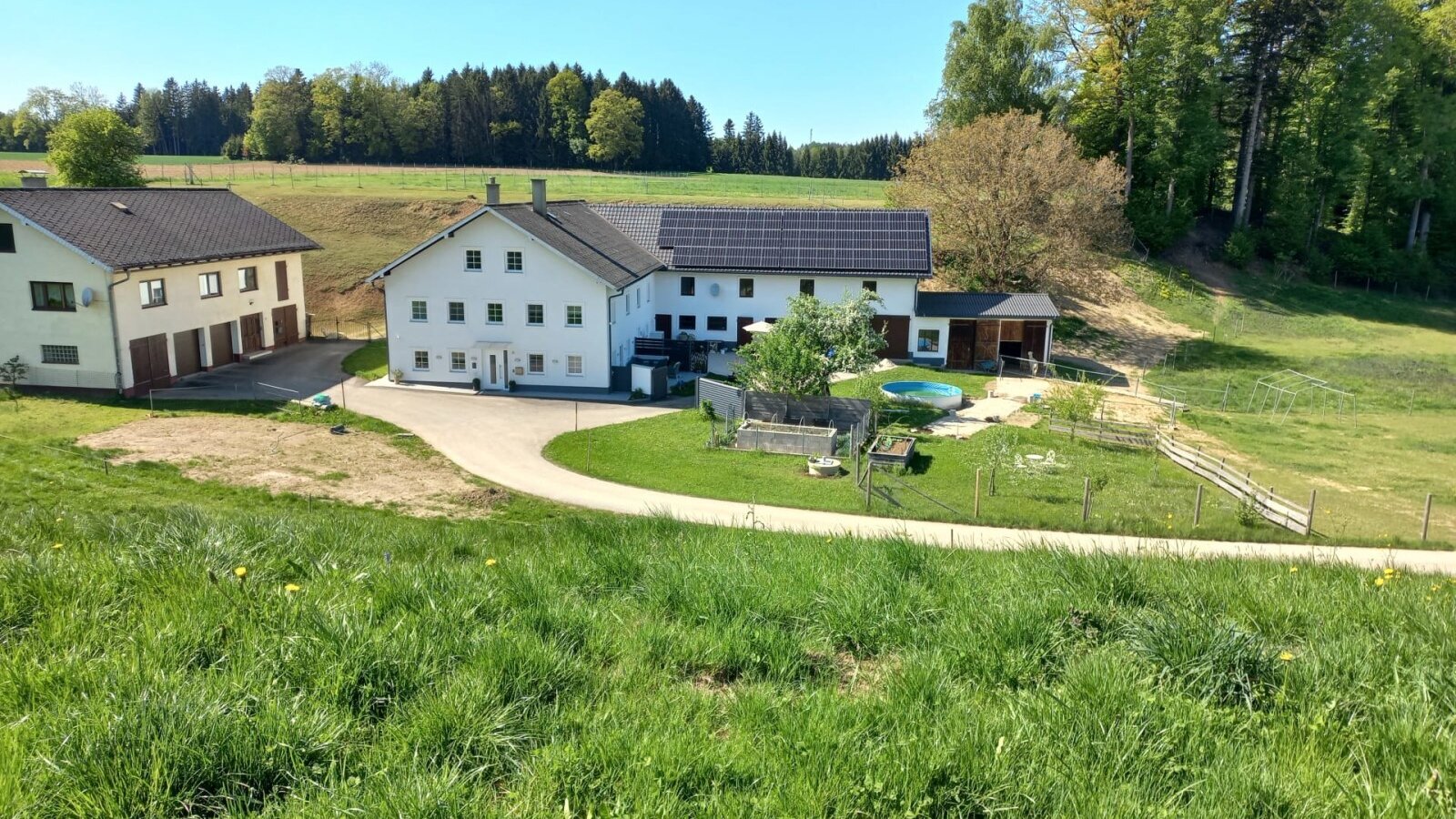 Außenansicht des Bed and Breakfast mit Zufahrt, Garten und einem kleinen Pool.