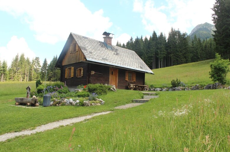 Die Alm ist ein Holzhaus auf einer Bergwiese mit umliegendem Wald, Bergblick und verfügt über eine Sitzbank im Freien sowie einen Holzbrunnen.
