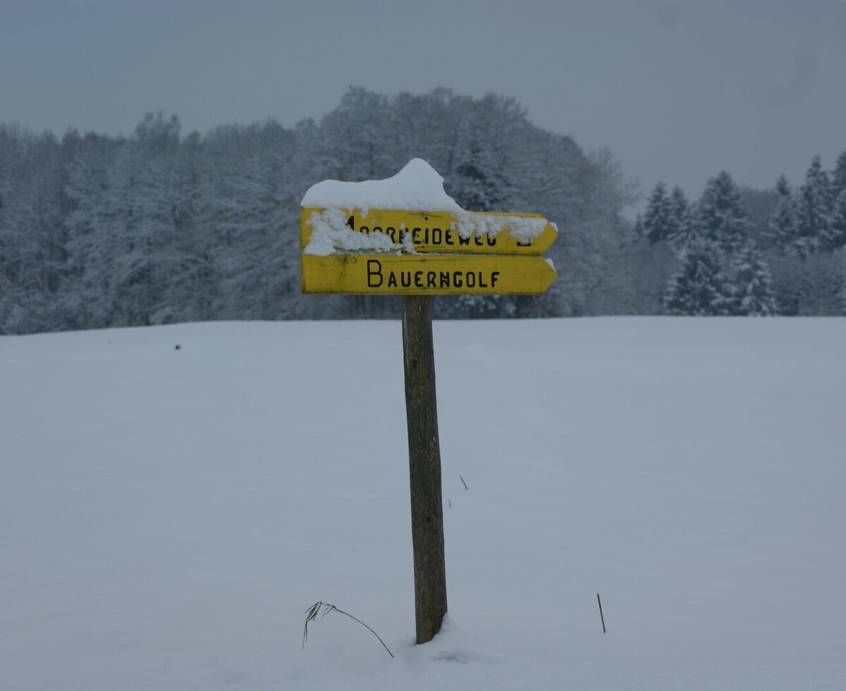 Der gelbe Wegweiser im schneebedeckten Feld zeigt den Weg zum Bauernhof an.
