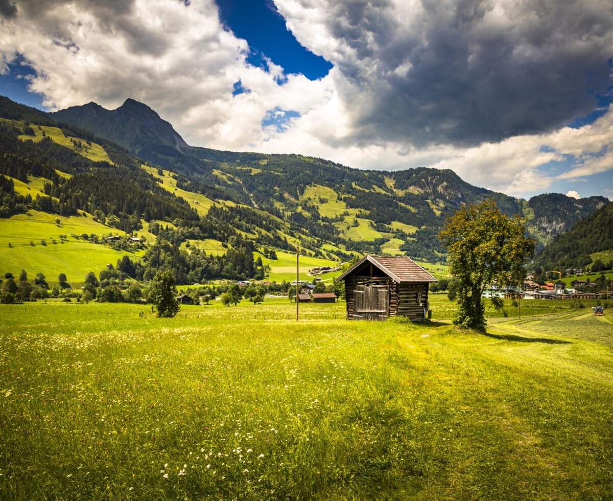 Die ländliche Umgebung des Bauernhofs mit grünen Wiesen, Bergen, einer traditionellen Holzhütte und einem Dorf im Hintergrund.