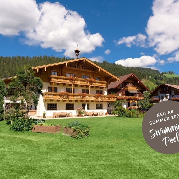 Die beiden traditionellen Bauernhäuser mit Balkonen, umgeben von einer grünen Wiese und Berglandschaft.