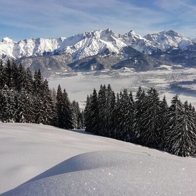 Winterliche Berglandschaft in der Umgebung des Bauernhofs mit schneebedeckten Tannenwäldern und einem Tal mit Ort.