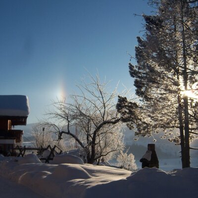 Der Bauernhof im Winter mit schneebedecktem Gelände, gefrorenen Bäumen und der Sonne am klaren Himmel.