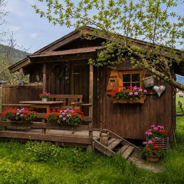 Gartenhütte aus Holz mit einer kleinen Terrasse, ausgestattet mit Holztisch und Bänken, umgeben von einer grünen Wiese und Blumenkästen.
