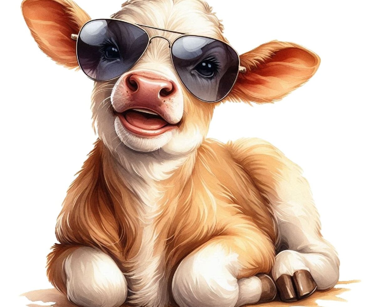 Flecki mit Sonnenbrille, passend zum Urlaub auf dem Bauernhof.