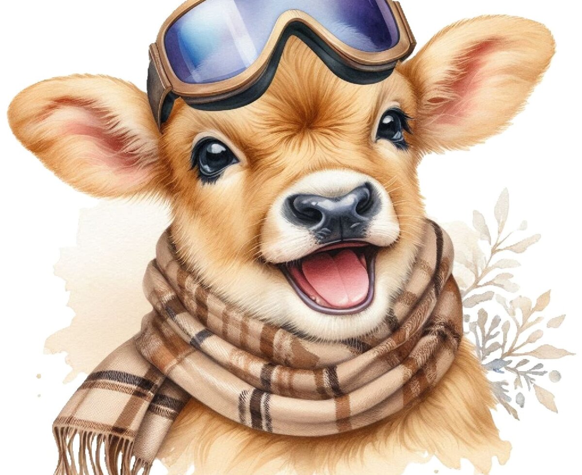 Flecki mit Skibrille und warmem Schal, passend zur winterlichen Stimmung auf dem Bauernhof.