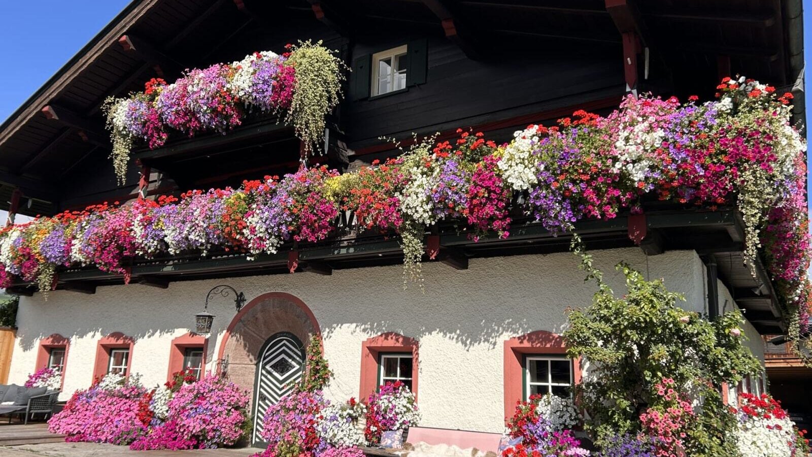 Außenansicht des Bauernhofs mit wunderschöner Blumenbracht!