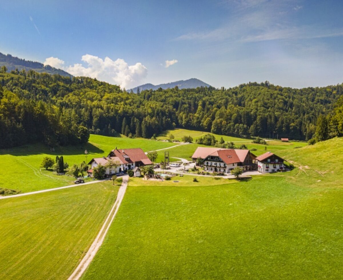 Der Bauernhof liegt inmitten grüner Wiesen und bewaldeter Hügel.