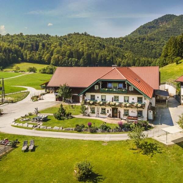 Der Bauernhof mit mehreren Gebäuden, einem Außenpool und weitläufigen Grünflächen, umgeben von Wäldern und Bergen.