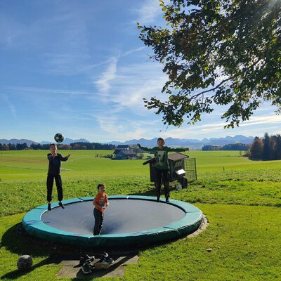 Kinder spielen auf dem Trampolin auf der Wiese des Bauernhofs.