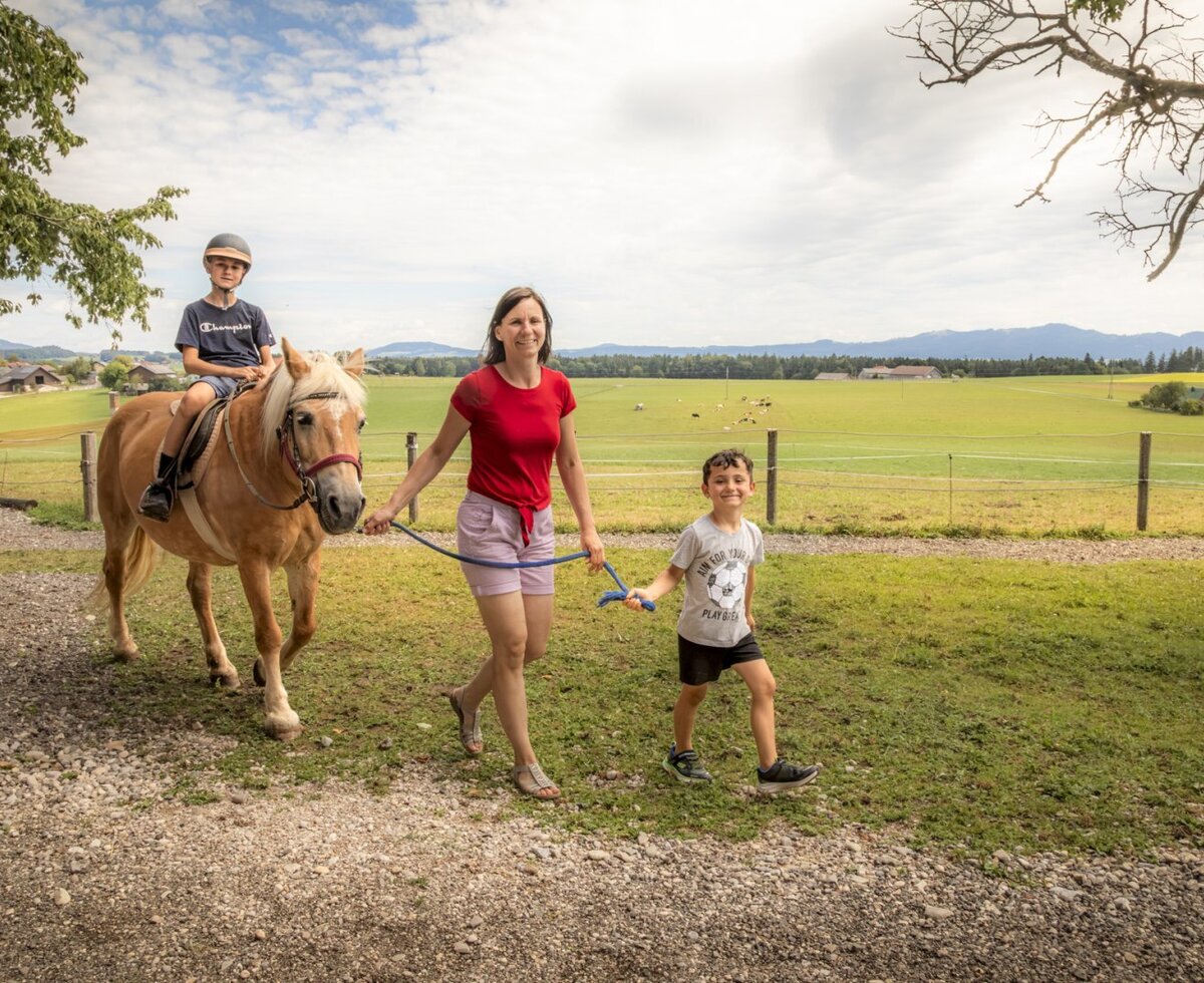 Ein aufregendes Ponyreiten für Kinder auf dem einladenden Bauernhof vor einer malerischen Bergkulisse.