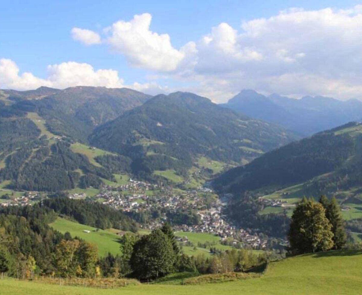 Blick von der Ferienwohnung auf das Bergpanorama mit einem Dorf im Tal und grünen Hängen.