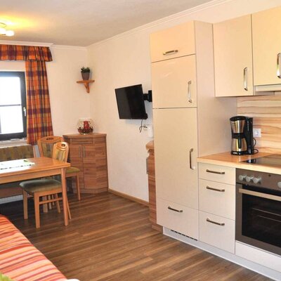 Wohnbereich der Ferienwohnung mit integrierter Küchenzeile, Essbereich mit Bank und Stühlen, Sofa und Fernseher.