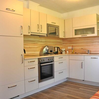 Moderne Küche in der Ferienwohnung mit Backofen, Mikrowelle, Spüle und Kühlschrank.