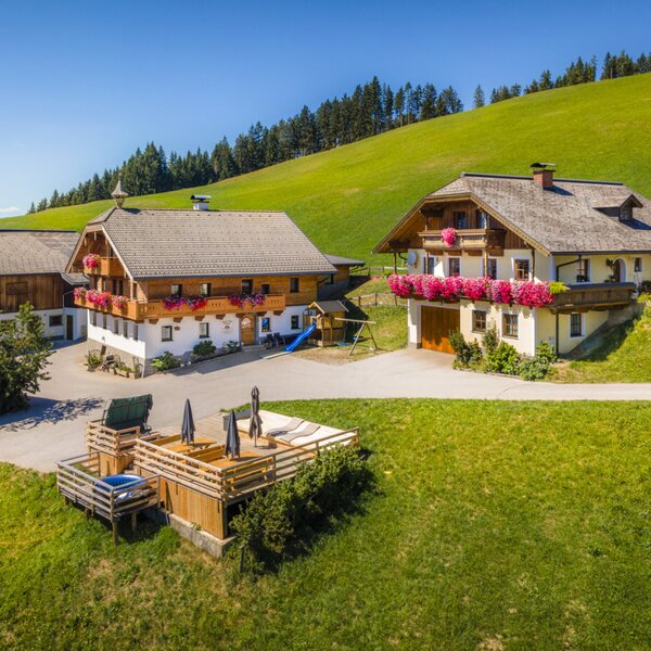 Die einladende Ferienwohnung inmitten einer idyllischen Berglandschaft mit großzügigen Wiesen und einer sonnigen Holzterrasse.