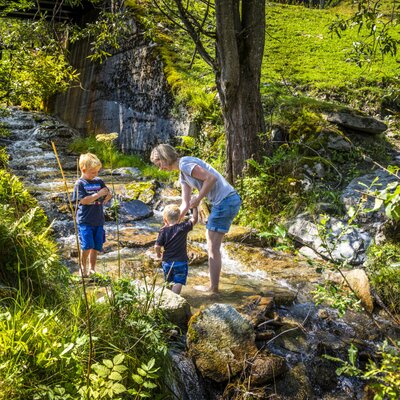 Kinder und Erwachsene spielen im Bach in der natürlichen Umgebung des Bauernhofs.
