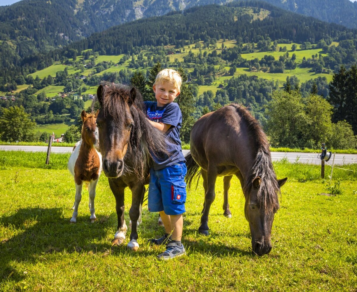 Ein Kind mit Pferden und einem Fohlen auf der Wiese des Bauernhofs, umgeben von grünen Bergen.