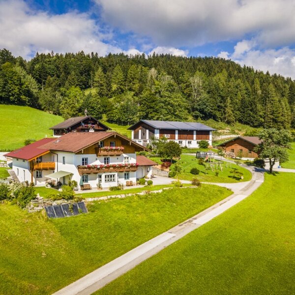 Der Bauernhof mit seinen Gebäuden liegt inmitten grüner Wiesen und Wälder und bietet einen Blick auf die umliegenden Berge.