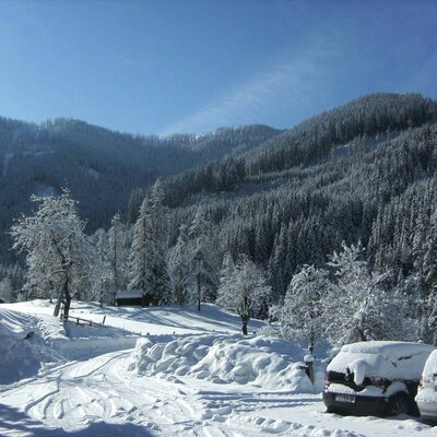 Winteransicht der Berge und Wälder in der Umgebung des Bauernhofs mit verschneiter Zufahrt und Parkmöglichkeiten.