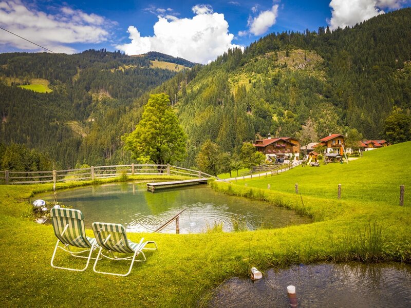 Natürlicher Badeteich mit Liegestühlen auf der Wiese vor dem Bauernhof und Bergblick.