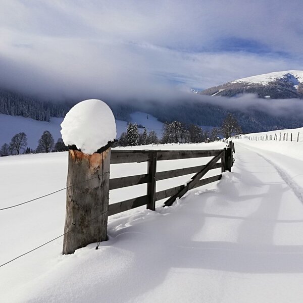 Verschneite Winterlandschaft am Bauernhof mit einem Winterwanderweg und Blick auf die umliegenden Berge.
