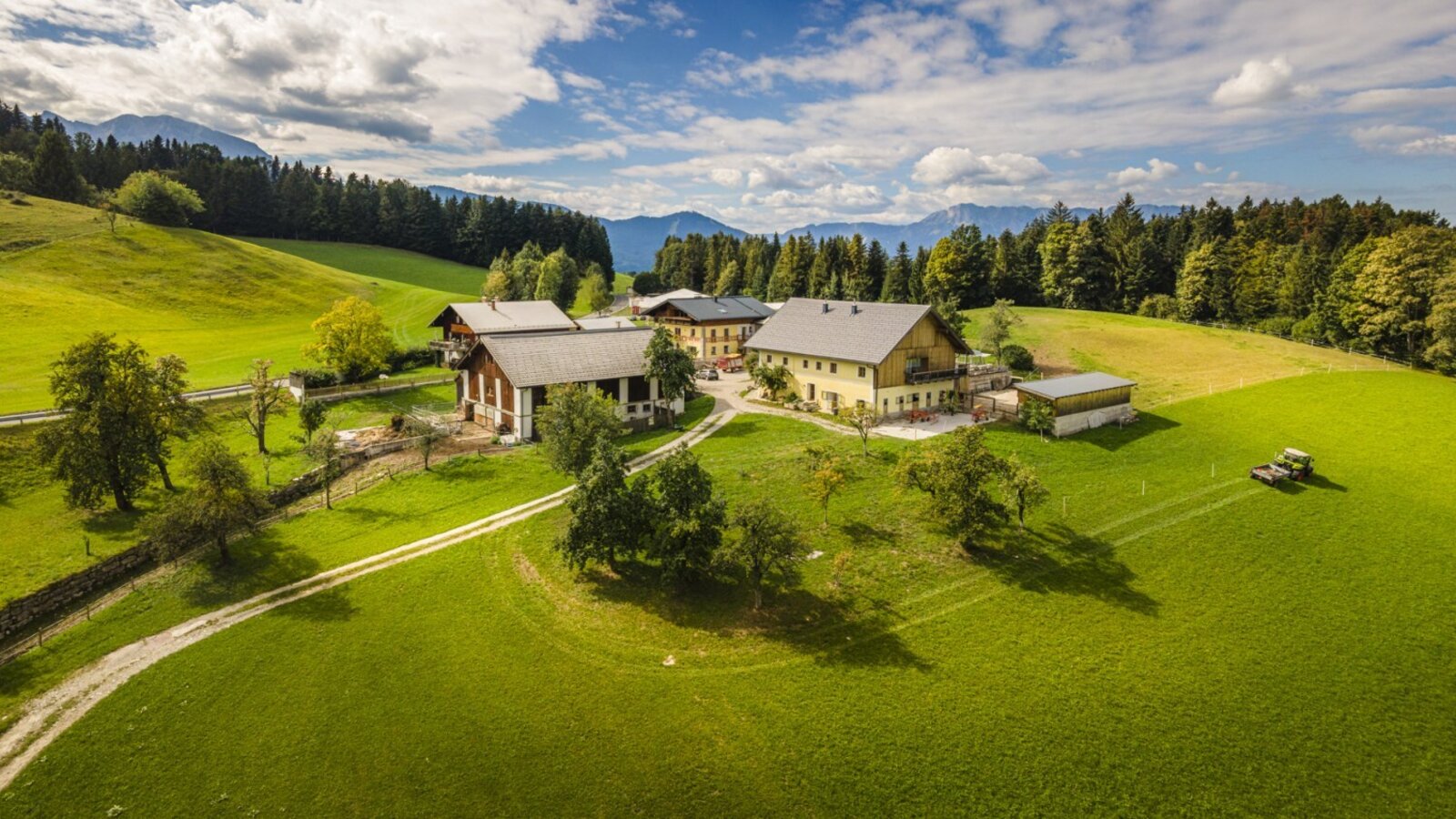 Der einladende Bauernhof umgeben von weiten, grünen Wiesen und einer malerischen Berglandschaft.
