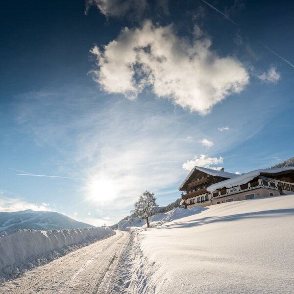 Das Bed and Breakfast in einer winterlichen Berglandschaft, mit schneebedeckten Dächern und einer Zufahrtsstraße.