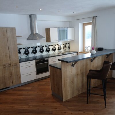 Moderne Küche im Bed and Breakfast mit Holz- und weißen Schränken, integriertem Backofen, Kochfeld, Spüle und einer Kücheninsel mit zwei Barhockern.