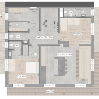 Grundriss des Bed and Breakfast mit Eingangsbereich, Schlafzimmer, Bad, separaten WCs, Küche, Essbereich, Wohnzimmer, Balkon und Terrasse.