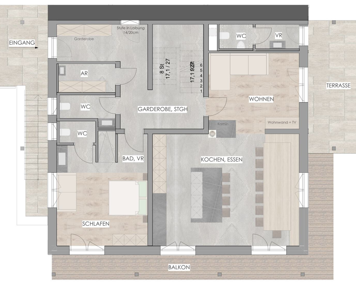 Grundriss des Bed and Breakfast mit Eingangsbereich, Schlafzimmer, Bad, separaten WCs, Küche, Essbereich, Wohnzimmer, Balkon und Terrasse.