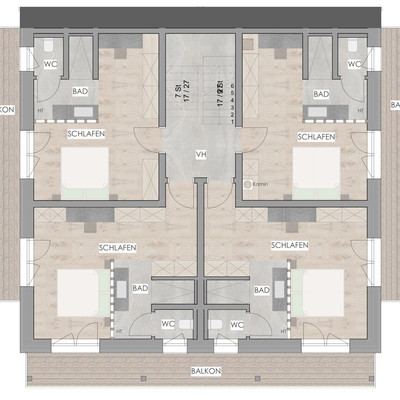 Grundriss eines Stockwerks des Bed and Breakfast mit vier Schlafzimmern, Bädern, Balkonen und einem Kamin.